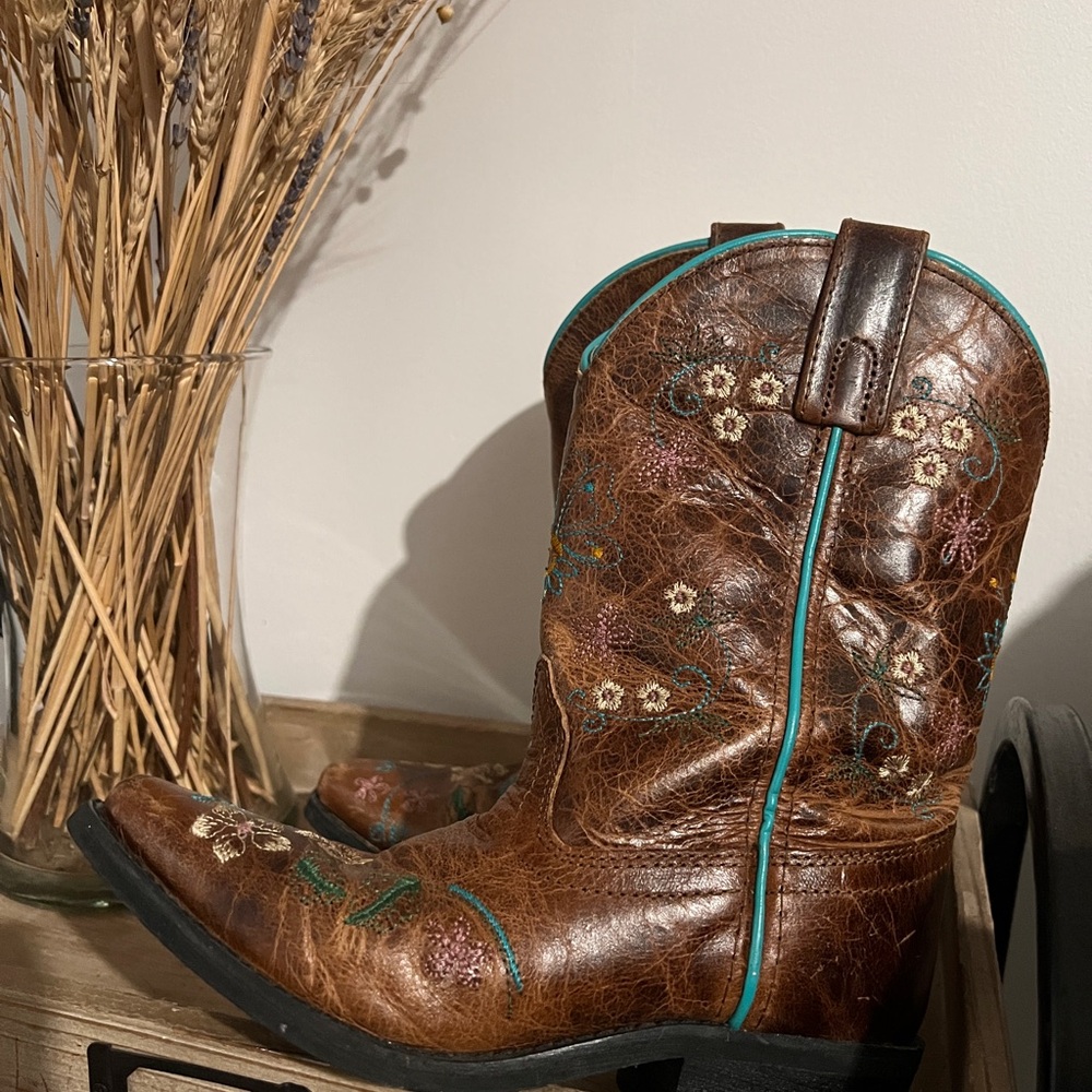 Brown Flower Embroidered Kids Cowboy Boots